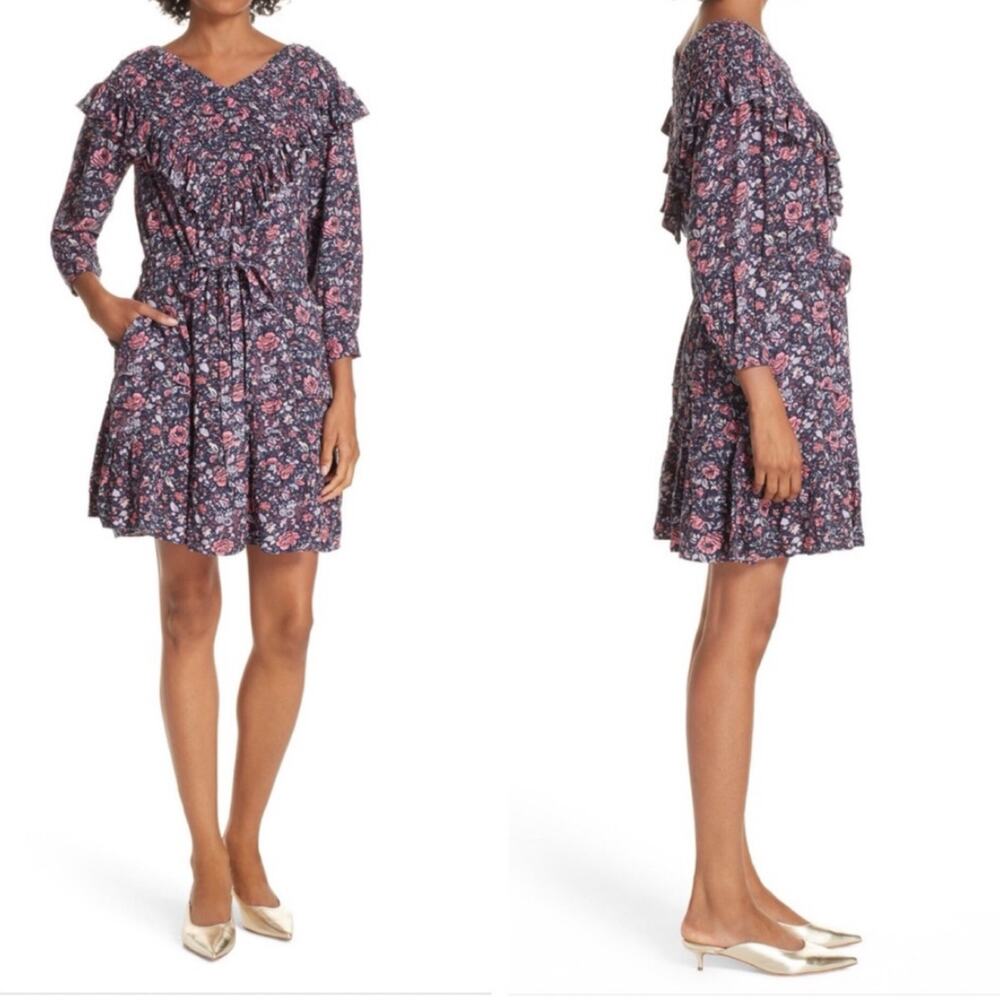 La Vie Rebecca Taylor Toile Flower Block Print Ruffle Trim Mini Dress S